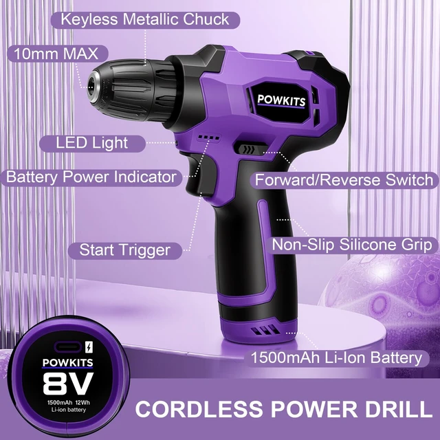 Alt view image 3 of 7 - 8V Purple Cordless Drill Set for Women, Starter Tool Kit with Drill | Electric Drill, USB Charger, 3/8" Keyless Chuck, 139-PIECE Tool Set with Drill for Home Repairs, DIY Project