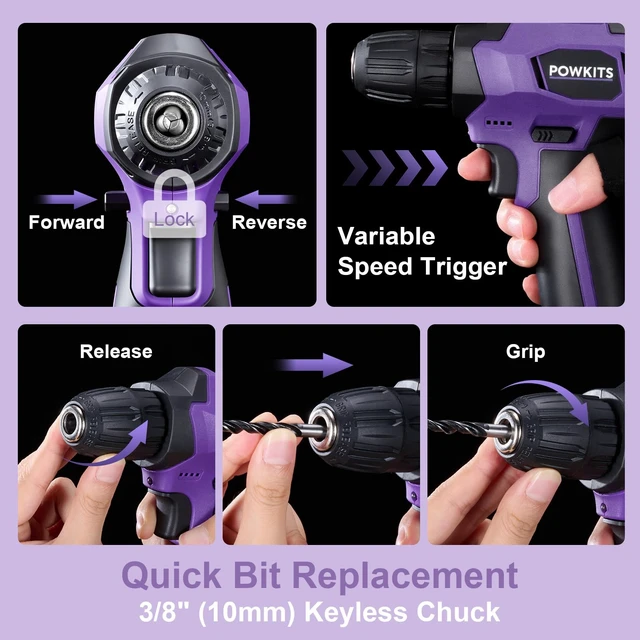 Alt view image 4 of 7 - 8V Purple Cordless Drill Set for Women, Starter Tool Kit with Drill | Electric Drill, USB Charger, 3/8" Keyless Chuck, 139-PIECE Tool Set with Drill for Home Repairs, DIY Project