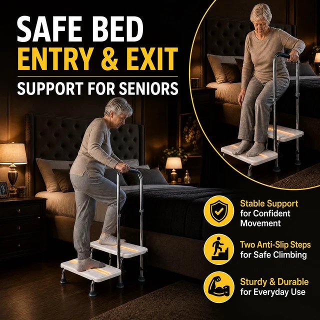 Alt view image 2 of 7 - 2 Step Stool with Handle for Elderly, Bed Steps for High Beds | for Bathtub, Truck, Car, Non-Skid Platform, Adjustable Handle, Foot Stool for Seniors, Adults and Mobility Support