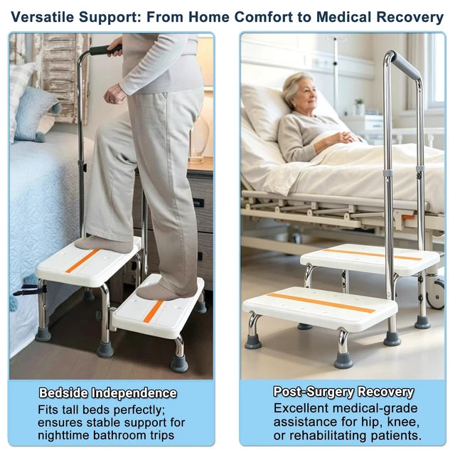 Alt view image 6 of 7 - 2 Step Stool with Handle for Elderly, Bed Steps for High Beds | for Bathtub, Truck, Car, Non-Skid Platform, Adjustable Handle, Foot Stool for Seniors, Adults and Mobility Support