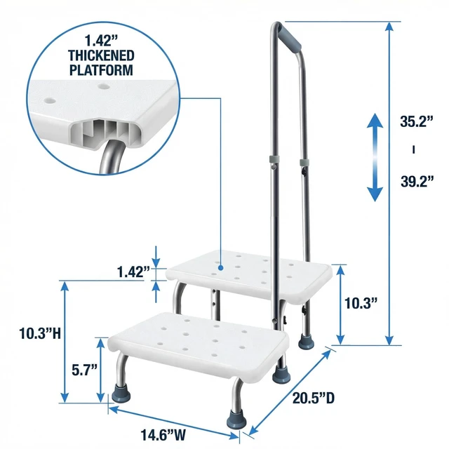 Alt view image 7 of 7 - 2 Step Stool with Handle for Elderly, Bed Steps for High Beds | for Bathtub, Truck, Car, Non-Skid Platform, Adjustable Handle, Foot Stool for Seniors, Adults and Mobility Support