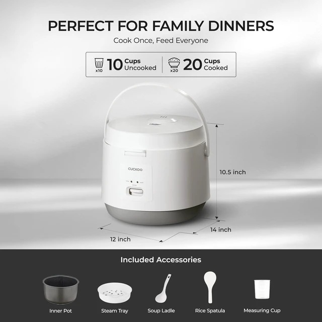 Alt view image 3 of 6 - Rice Cooker and Warmer, 20-Cup Cooked, White, CR-1095 | Large 10-Cup Uncooked Capacity, Nonstick Inner Pot, 2 Menus, Steam Tray Included, One-Touch Operation, Automatic Keep Warm