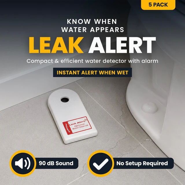 Alt view image 2 of 7 - Leak Alert Water Leak Detector, Loud 90 dB Water Alarm, 5 Pack | Detect leaks before costly water damage near water heaters, sinks, appliances and plumbing fixtures; no setup required