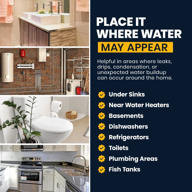 Alt view image 4 of 7 - Leak Alert Water Leak Detector, Loud 90 dB Water Alarm, 5 Pack | Detect leaks before costly water damage near water heaters, sinks, appliances and plumbing fixtures; no setup required