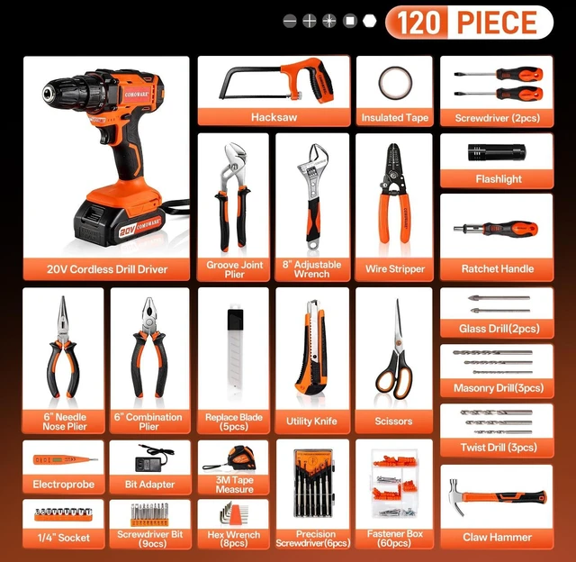 Alt view image 2 of 7 - 20V Cordless Drill Set, 120Pcs Home Tool Kit w/Battery & Charger | with LED Light, 2.0Ah Battery, 2 Variable Speed, 25+1 Torque Position, Household Tool Set for DIY Project & Home Repair