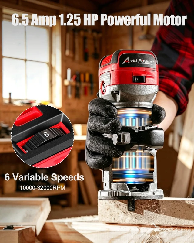 Alt view image 2 of 7 - 6.5 Amp 1.25 HP Compact Router Tools for Woodworking, Fixed Base Wood Router with Trim Router Bits, 6 Variable Speeds, Edge Guide, Roller Guide, Dust Hood (Red, 65mm)