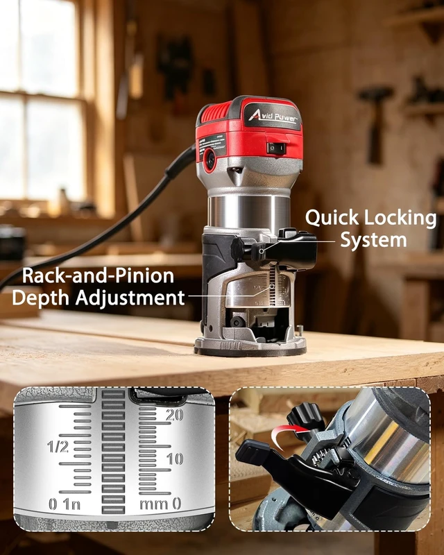 Alt view image 5 of 7 - 6.5 Amp 1.25 HP Compact Router Tools for Woodworking, Fixed Base Wood Router with Trim Router Bits, 6 Variable Speeds, Edge Guide, Roller Guide, Dust Hood (Red, 65mm)