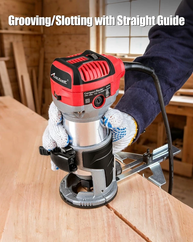 Alt view image 4 of 7 - 6.5 Amp 1.25 HP Compact Router Tools for Woodworking, Fixed Base Wood Router with Trim Router Bits, 6 Variable Speeds, Edge Guide, Roller Guide, Dust Hood (Red, 65mm)