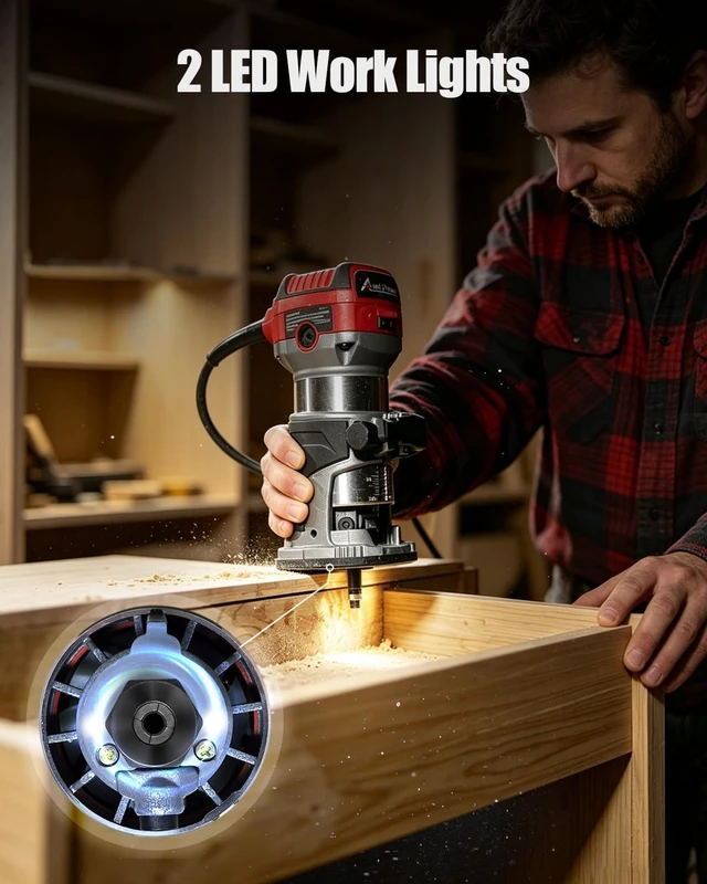 Alt view image 6 of 7 - 6.5 Amp 1.25 HP Compact Router Tools for Woodworking, Fixed Base Wood Router with Trim Router Bits, 6 Variable Speeds, Edge Guide, Roller Guide, Dust Hood (Red, 65mm)