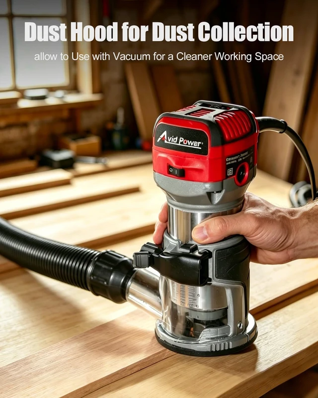 Alt view image 7 of 7 - 6.5 Amp 1.25 HP Compact Router Tools for Woodworking, Fixed Base Wood Router with Trim Router Bits, 6 Variable Speeds, Edge Guide, Roller Guide, Dust Hood (Red, 65mm)