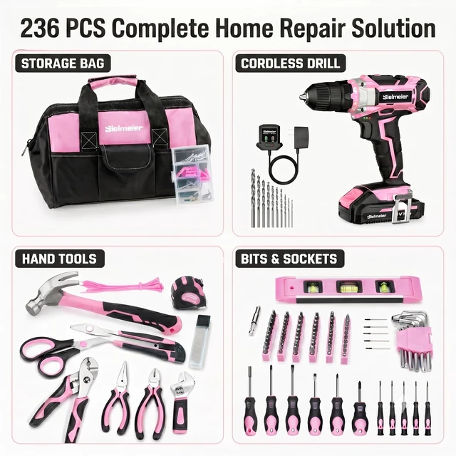 Alt view image 2 of 7 - 20V 236Pcs Cordless Pink Drill Set for Women, Home Tool Kit | Ladys essential electric screwdriver set with pink bag. Perfect DIY for home repair & gifts.