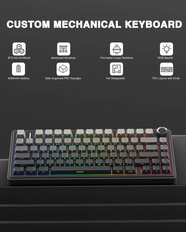 Alt view image 2 of 7 - F75 Pro Wireless Mechanical Keyboard,75% Hot Swappable Custom Keyboard with Knob,RGB Backlit,Pre-lubed Reaper Switches,Side Printed PBT Keycaps,2.4GHz/USB-C/BT5.0 Mechanical Gaming Keyboards