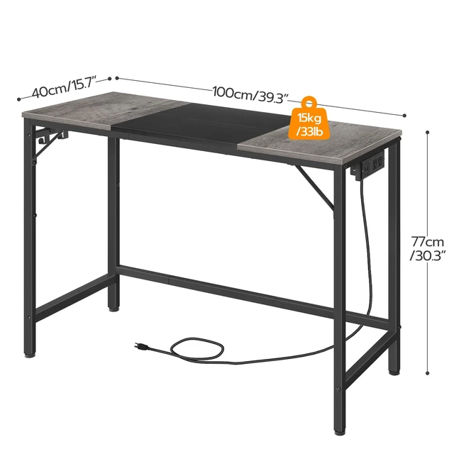 Alt view image 3 of 7 - Computer Desk, 39.3 Inch Small Desk with Power Outlet, Writing Table with USB Charging Ports and 3 Hooks for Home Office, Bedroom, Easy to Assemble, Charcoal Gray and Black BC41UDN01