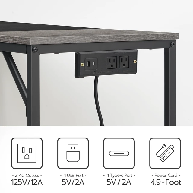 Alt view image 5 of 7 - Computer Desk, 39.3 Inch Small Desk with Power Outlet, Writing Table with USB Charging Ports and 3 Hooks for Home Office, Bedroom, Easy to Assemble, Charcoal Gray and Black BC41UDN01