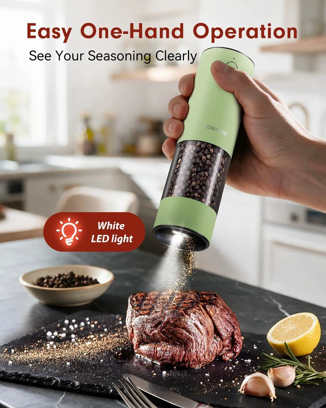 Alt view image 2 of 7 - Larger Capacity Rechargeable Electric Salt and Pepper Grinder Set | 110ml Stainless Steel Automatic Pepper Mill with 5 Adjustable Grind Settings, LED Light and Refillable Design