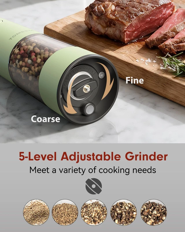 Alt view image 3 of 7 - Larger Capacity Rechargeable Electric Salt and Pepper Grinder Set | 110ml Stainless Steel Automatic Pepper Mill with 5 Adjustable Grind Settings, LED Light and Refillable Design