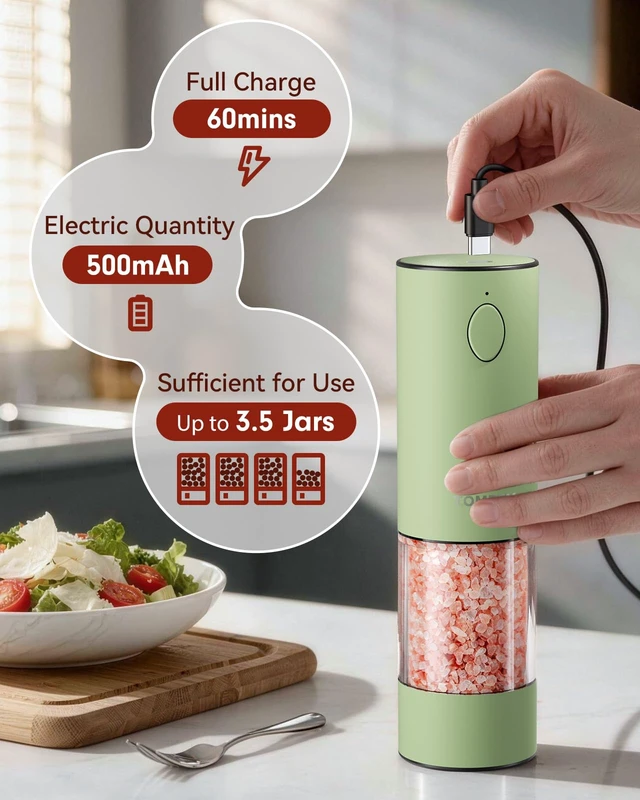 Alt view image 4 of 7 - Larger Capacity Rechargeable Electric Salt and Pepper Grinder Set | 110ml Stainless Steel Automatic Pepper Mill with 5 Adjustable Grind Settings, LED Light and Refillable Design