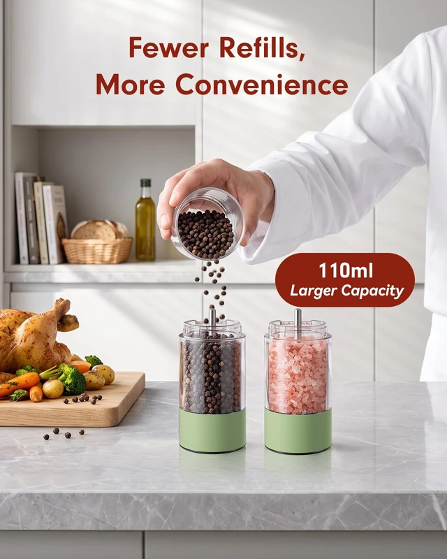 Alt view image 6 of 7 - Larger Capacity Rechargeable Electric Salt and Pepper Grinder Set | 110ml Stainless Steel Automatic Pepper Mill with 5 Adjustable Grind Settings, LED Light and Refillable Design