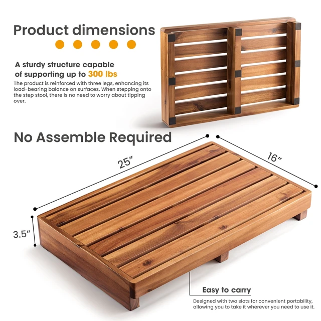 Alt view image 2 of 7 - 3.5" One Step Stool, Acacia Step Stool for Bed, 300 lbs Capacity | Acacia Wood, No assembly, Extra-wide 25" platform, Water-draining Slatted design, 300 lbs Capacity, Non-slip, Multipurpose