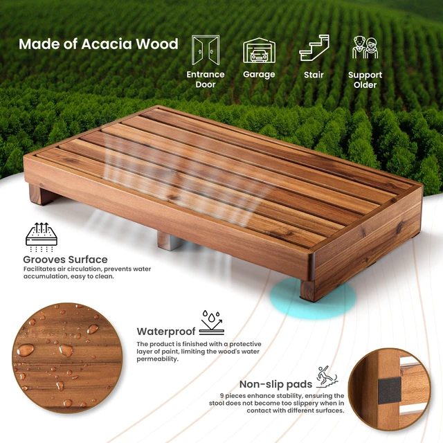 Alt view image 3 of 7 - 3.5" One Step Stool, Acacia Step Stool for Bed, 300 lbs Capacity | Acacia Wood, No assembly, Extra-wide 25" platform, Water-draining Slatted design, 300 lbs Capacity, Non-slip, Multipurpose