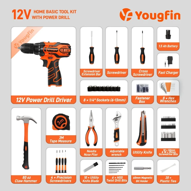 Alt view image 2 of 7 - Tool Kit with Drill 20V Cordless Power Drill with 2 Batteries & Charger Drill Sets Combo Kit for Men 114 pcs Household Hand Tools for Home Apartment Dorm Repair Orange & Black