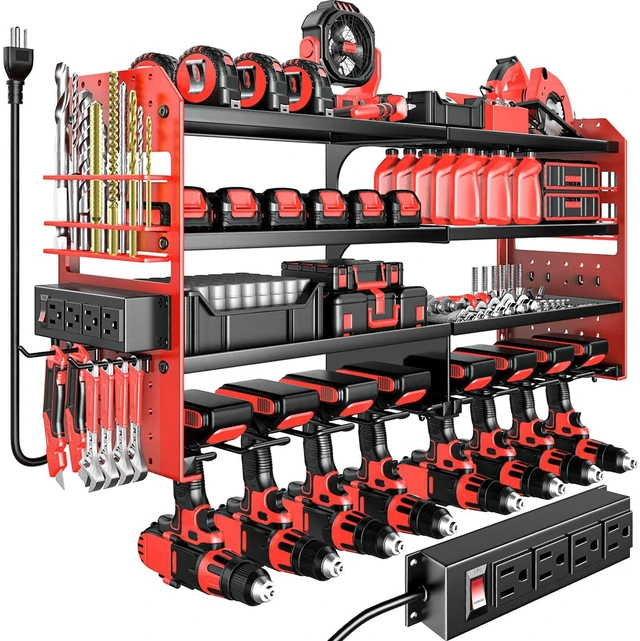 Main image of Large Power Tool Organizer Wall Mount with Charging Station, 4 Layer Heavy Duty Metal Cordless Tool Organizer, Tool Storage Rack with 8 Cordless Drill Holder Screwdriver Hammer(Red)