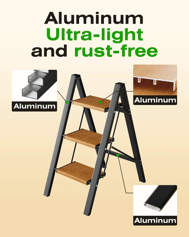 Alt view image 3 of 7 - 3 Step Stool Foldable,Aluminum Step Ladder-BlackWoodgrain | Lightweight,Wide Anti-Slip Pedals,Folding Step Stool,330lbs Capacity for Household,Kitchen,Office
