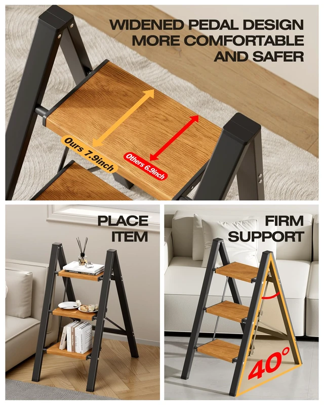 Alt view image 6 of 7 - 3 Step Stool Foldable,Aluminum Step Ladder-BlackWoodgrain | Lightweight,Wide Anti-Slip Pedals,Folding Step Stool,330lbs Capacity for Household,Kitchen,Office