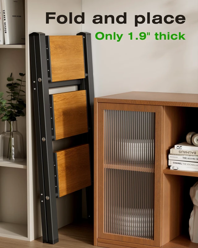 Alt view image 7 of 7 - 3 Step Stool Foldable,Aluminum Step Ladder-BlackWoodgrain | Lightweight,Wide Anti-Slip Pedals,Folding Step Stool,330lbs Capacity for Household,Kitchen,Office