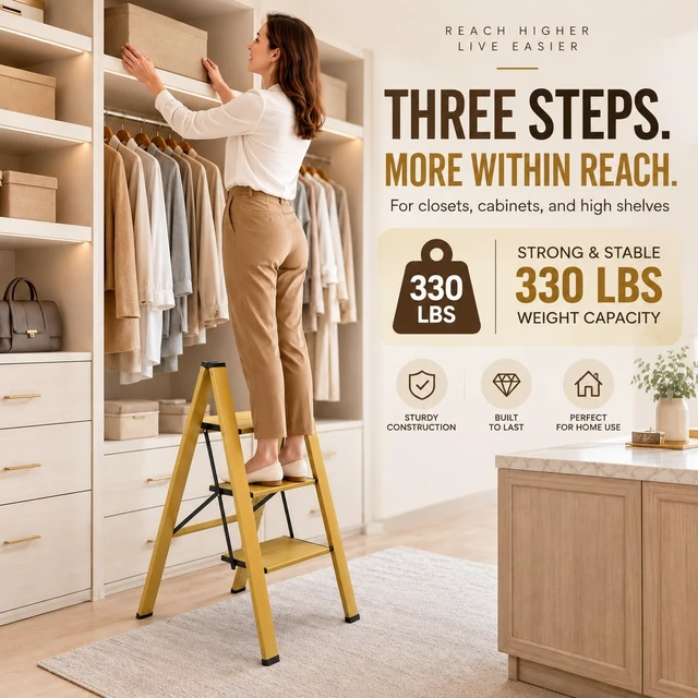 Alt view image 3 of 7 - 3 Step Stool, Gold Aluminum Folding Step Ladder, 330 lb Capacity, Wide Anti-Slip Steps, Lightweight 6.7 lb Portable Ladder for Closet, Pantry & Home