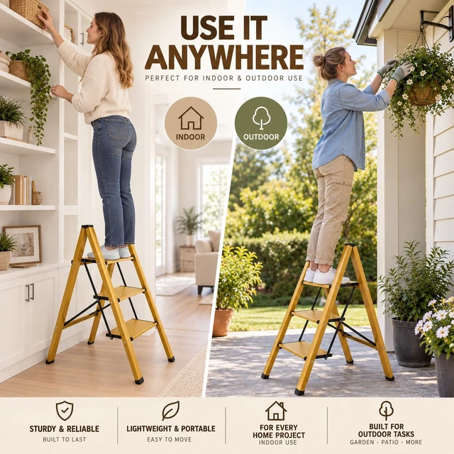 Alt view image 5 of 7 - 3 Step Stool, Gold Aluminum Folding Step Ladder, 330 lb Capacity, Wide Anti-Slip Steps, Lightweight 6.7 lb Portable Ladder for Closet, Pantry & Home