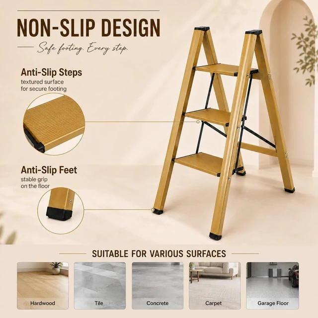 Alt view image 6 of 7 - 3 Step Stool, Gold Aluminum Folding Step Ladder, 330 lb Capacity, Wide Anti-Slip Steps, Lightweight 6.7 lb Portable Ladder for Closet, Pantry & Home