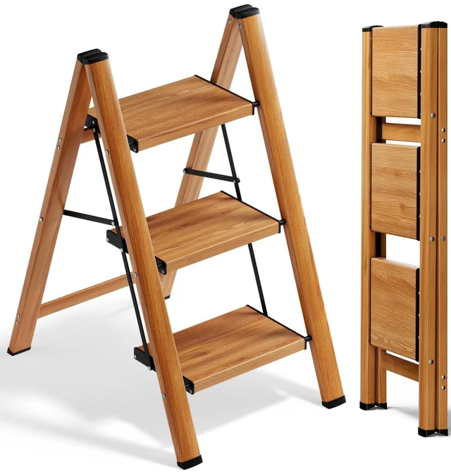 Main image of Step Ladder, Folding Step Stool, Lightweight Stepladder, 3 Step, Woodgrain