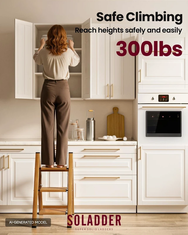 Alt view image 2 of 7 - Step Ladder, Folding Step Stool, Lightweight Stepladder, 3 Step, Woodgrain