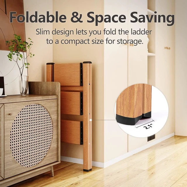 Alt view image 4 of 7 - Step Ladder, Folding Step Stool, Lightweight Stepladder, 3 Step, Woodgrain