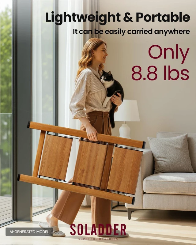 Alt view image 5 of 7 - Step Ladder, Folding Step Stool, Lightweight Stepladder, 3 Step, Woodgrain