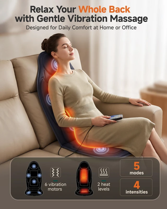 Alt view image 2 of 7 - Vibration Back Massager with Heat, 2026 Upgraded Chair Massage Pad | 5 Modes, 4 Intensities, Graphene Heat, Neck, Shoulder, Back & Thighs, Timer, Massage Seat Cushion for Home & Office Use