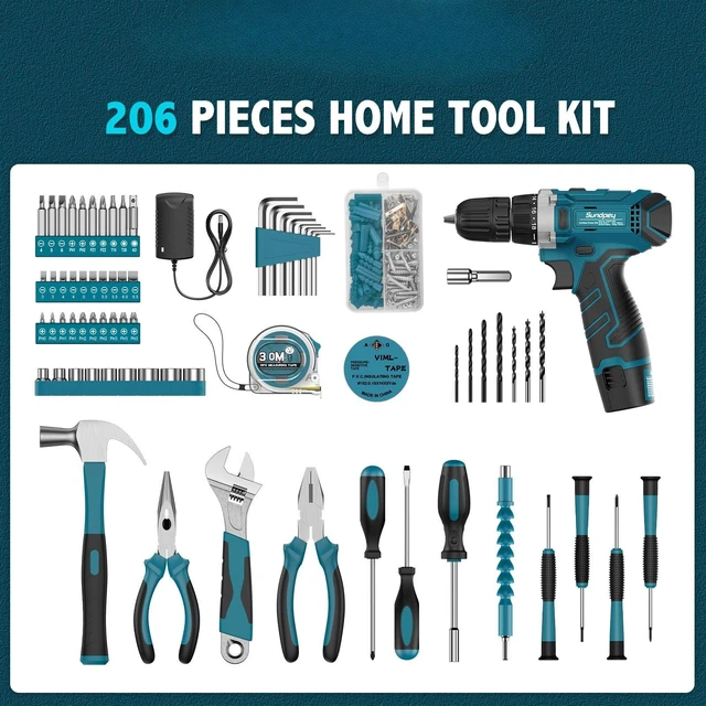Alt view image 2 of 7 - 206PC Portable Basic Home Tool Kit Set with 12V Cordless Drill Blue | with Adjustable Wrench & 2 Pliers & Hex Keys & Hammer & Case, for Men Women, for Household House Garage Apartment Dorm Office
