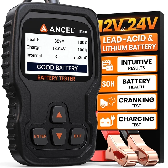 Main image of BT310 Battery Tester 12V 24V, 100-2000 CCA Load Tester with Test Data | Car Battery Tester for Lead-Acid & Lithium, AGM, GEL & EFB Batteries with SOH, SOC, CCA. Reviews Cranking & Charging Data.