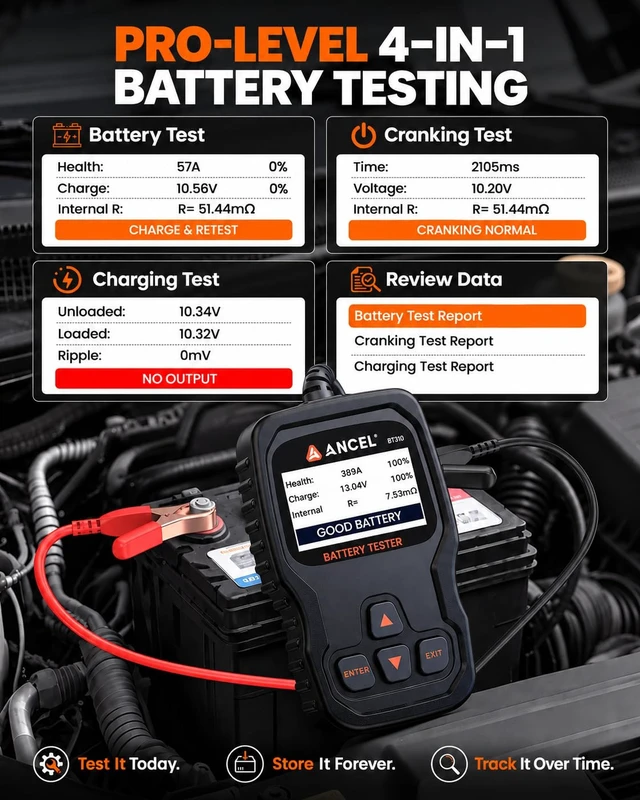 Alt view image 3 of 7 - BT310 Battery Tester 12V 24V, 100-2000 CCA Load Tester with Test Data | Car Battery Tester for Lead-Acid & Lithium, AGM, GEL & EFB Batteries with SOH, SOC, CCA. Reviews Cranking & Charging Data.