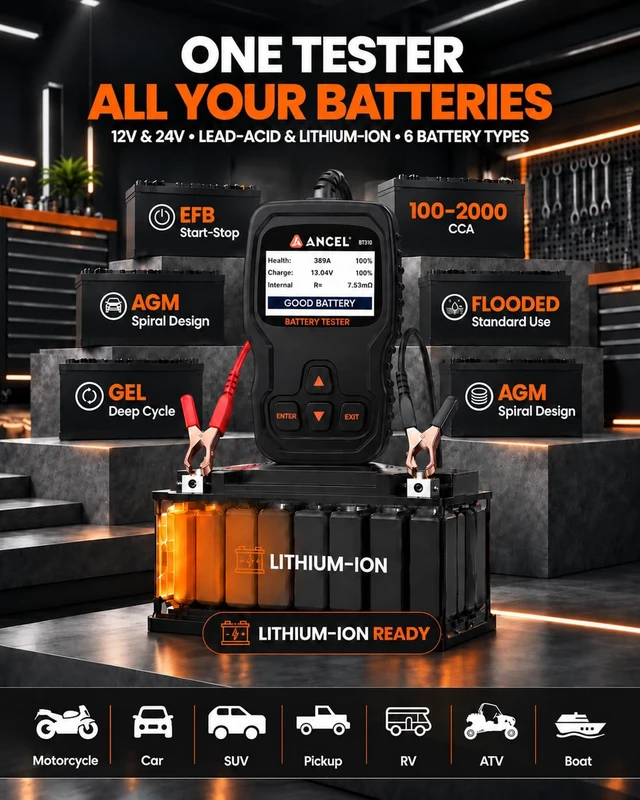 Alt view image 2 of 7 - BT310 Battery Tester 12V 24V, 100-2000 CCA Load Tester with Test Data | Car Battery Tester for Lead-Acid & Lithium, AGM, GEL & EFB Batteries with SOH, SOC, CCA. Reviews Cranking & Charging Data.