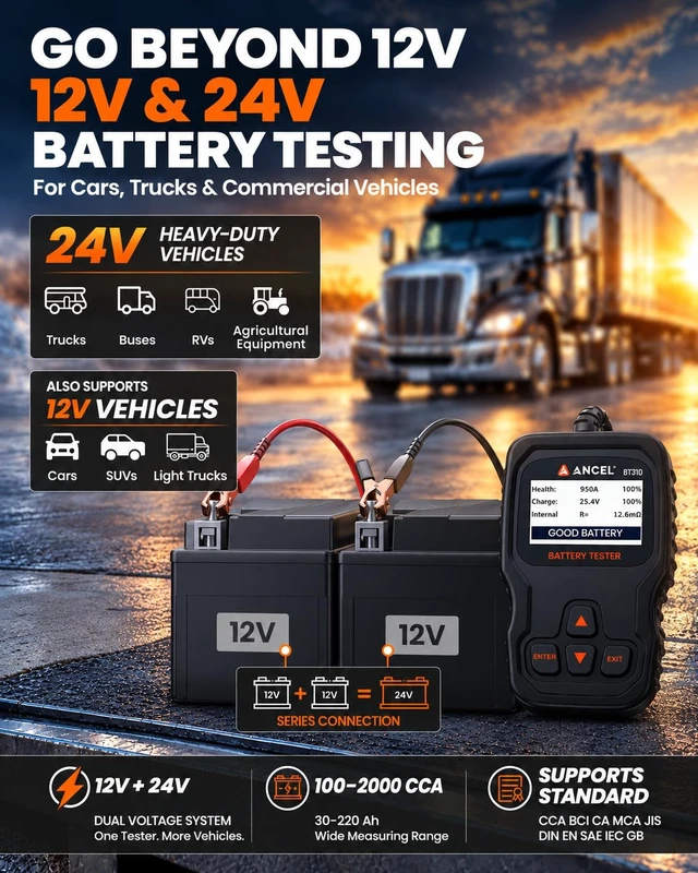 Alt view image 5 of 7 - BT310 Battery Tester 12V 24V, 100-2000 CCA Load Tester with Test Data | Car Battery Tester for Lead-Acid & Lithium, AGM, GEL & EFB Batteries with SOH, SOC, CCA. Reviews Cranking & Charging Data.