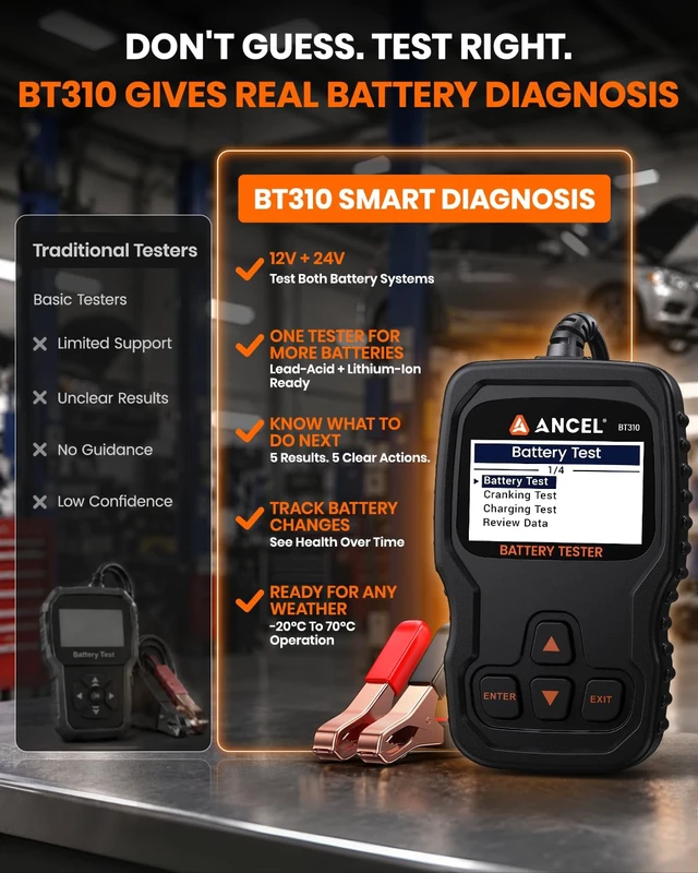Alt view image 7 of 7 - BT310 Battery Tester 12V 24V, 100-2000 CCA Load Tester with Test Data | Car Battery Tester for Lead-Acid & Lithium, AGM, GEL & EFB Batteries with SOH, SOC, CCA. Reviews Cranking & Charging Data.