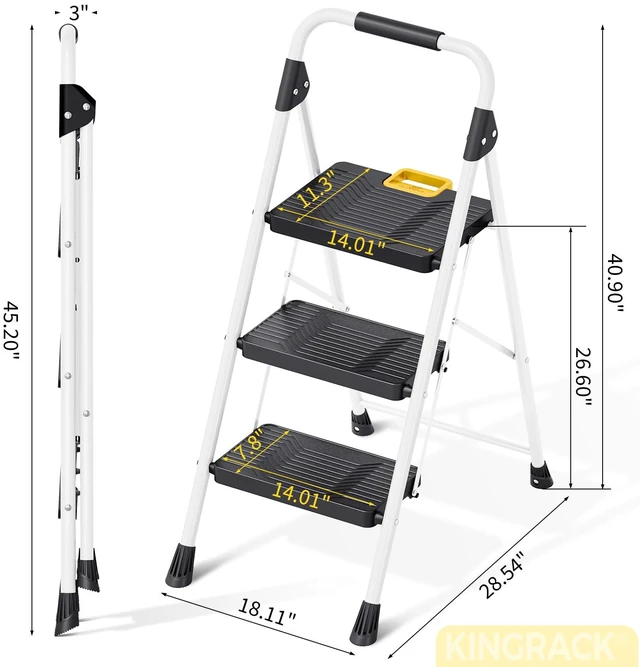 Alt view image 7 of 7 - 3 Step Folding Ladder, 800lbs Capacity Step Stool with Safety Lock, Non-Skid Wide Pedals, and Handrail, Lightweight, Household Ladder for Home, Kitchen, Pantry, Closets, and Office Use, White