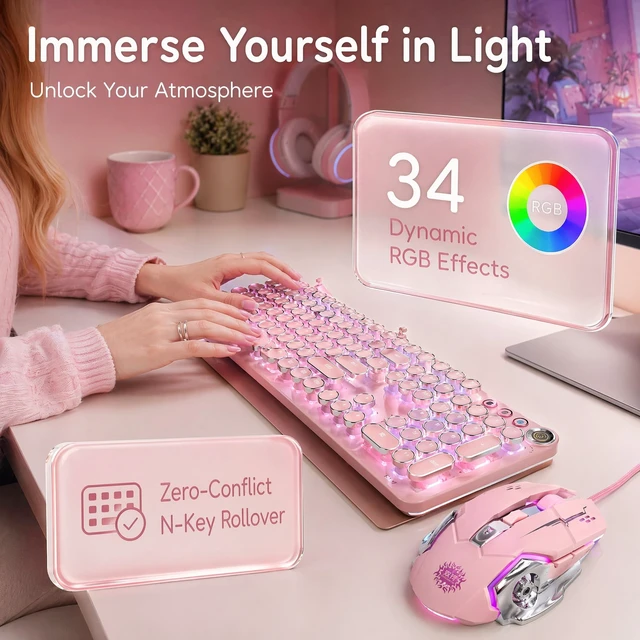 Alt view image 2 of 6 - Mechanical Gaming Keyboard and Mouse Combo, Pink | Retro Steampunk Vintage Typewriter-Style, LED Backlit, 104-Key Anti-Ghosting Blue Switch, Wired USB Metal Panel Round Keycaps