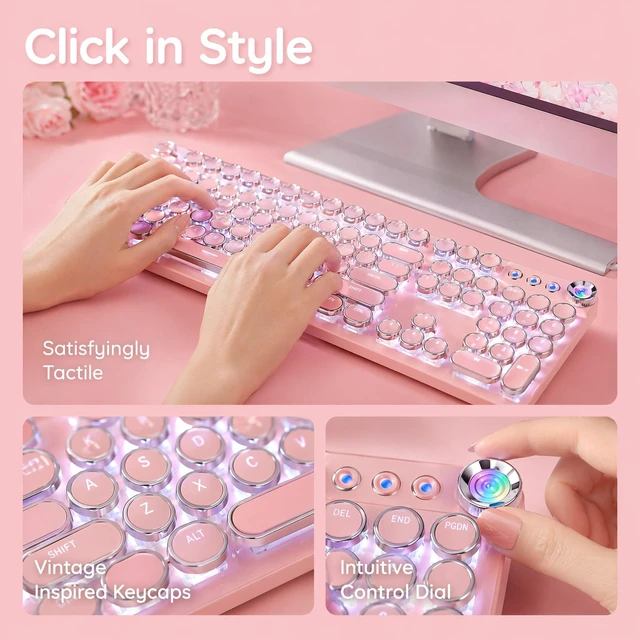 Alt view image 3 of 6 - Mechanical Gaming Keyboard and Mouse Combo, Pink | Retro Steampunk Vintage Typewriter-Style, LED Backlit, 104-Key Anti-Ghosting Blue Switch, Wired USB Metal Panel Round Keycaps
