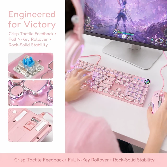 Alt view image 5 of 6 - Mechanical Gaming Keyboard and Mouse Combo, Pink | Retro Steampunk Vintage Typewriter-Style, LED Backlit, 104-Key Anti-Ghosting Blue Switch, Wired USB Metal Panel Round Keycaps