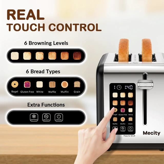 Alt view image 2 of 7 - 2 Slice Touch Screen Toaster, 1.5" Wide Slot, Stainless Steel Smart Toaster for Bagels, Muffins, Waffles, Gluten-Free Breads, Defrost, Reheat, Timer, 120V 825W, Matt Black