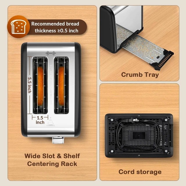 Alt view image 4 of 7 - 2 Slice Touch Screen Toaster, 1.5" Wide Slot, Stainless Steel Smart Toaster for Bagels, Muffins, Waffles, Gluten-Free Breads, Defrost, Reheat, Timer, 120V 825W, Matt Black