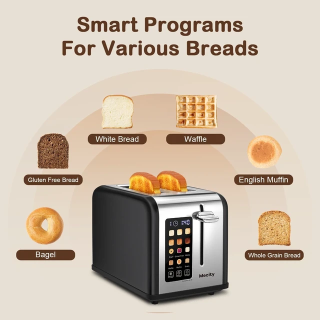 Alt view image 3 of 7 - 2 Slice Touch Screen Toaster, 1.5" Wide Slot, Stainless Steel Smart Toaster for Bagels, Muffins, Waffles, Gluten-Free Breads, Defrost, Reheat, Timer, 120V 825W, Matt Black